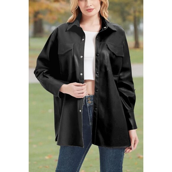 🆕 Women Black Faux Leather Jacket Loose Fit Spring Fall Casual Lapel Shirts - Picture 7 of 7